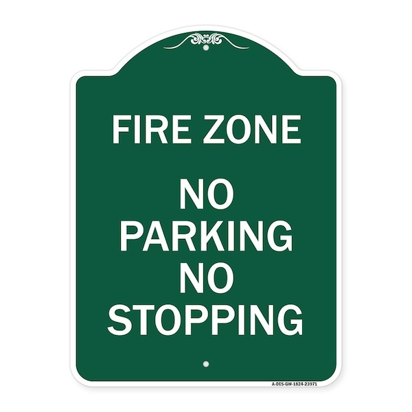 Signmission Fire Zone No Parking No Stopping, Green & White Aluminum Sign, 18" x 24", GW-1824-23971 A-DES-GW-1824-23971 - main